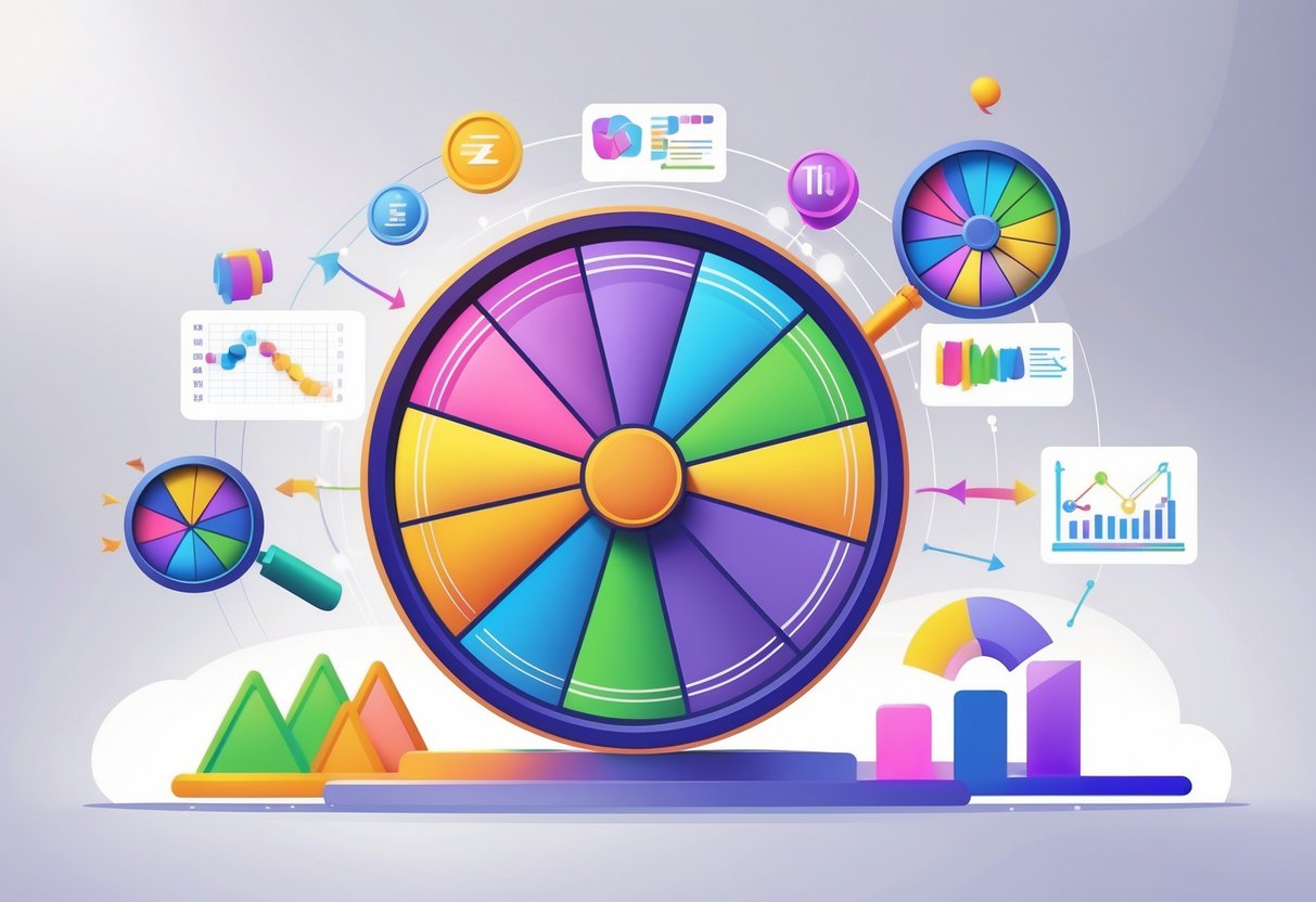 Ilustrasi roda berputar warna-warni dengan simbol dan ikon yang menunjukkan pola, fitur, dan peluang menang dalam permainan Blitz Super Wheel™.