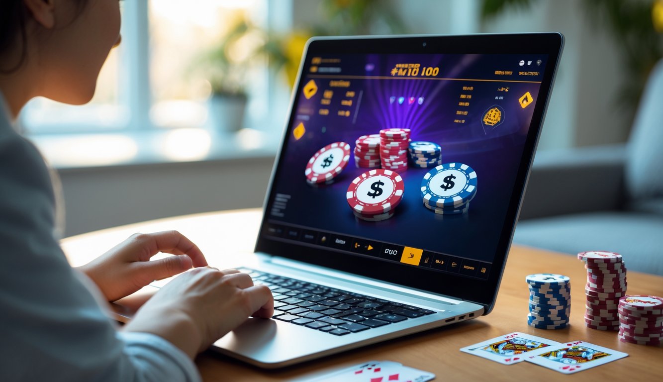 Seseorang sedang bermain poker online dengan uang asli di depan komputer di ruangan yang terang dan rapi.