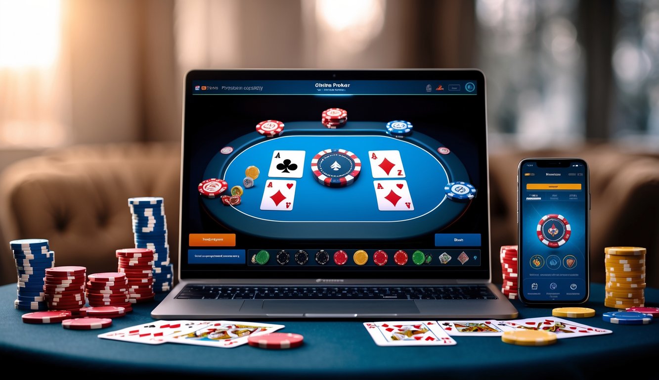 Seorang pemain poker online menggunakan laptop dengan kartu dan chip poker di meja.
