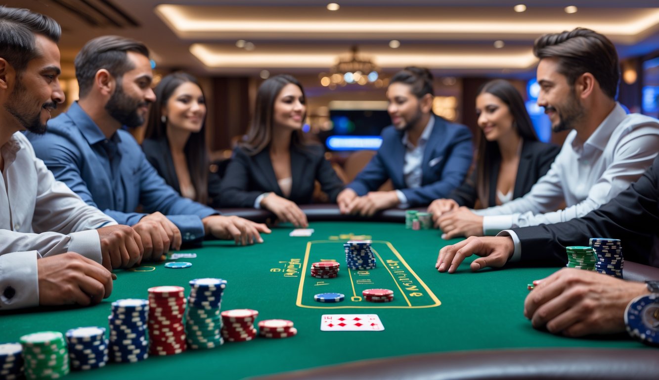 Meja poker dengan pemain yang serius bermain kartu di ruangan kasino yang elegan.