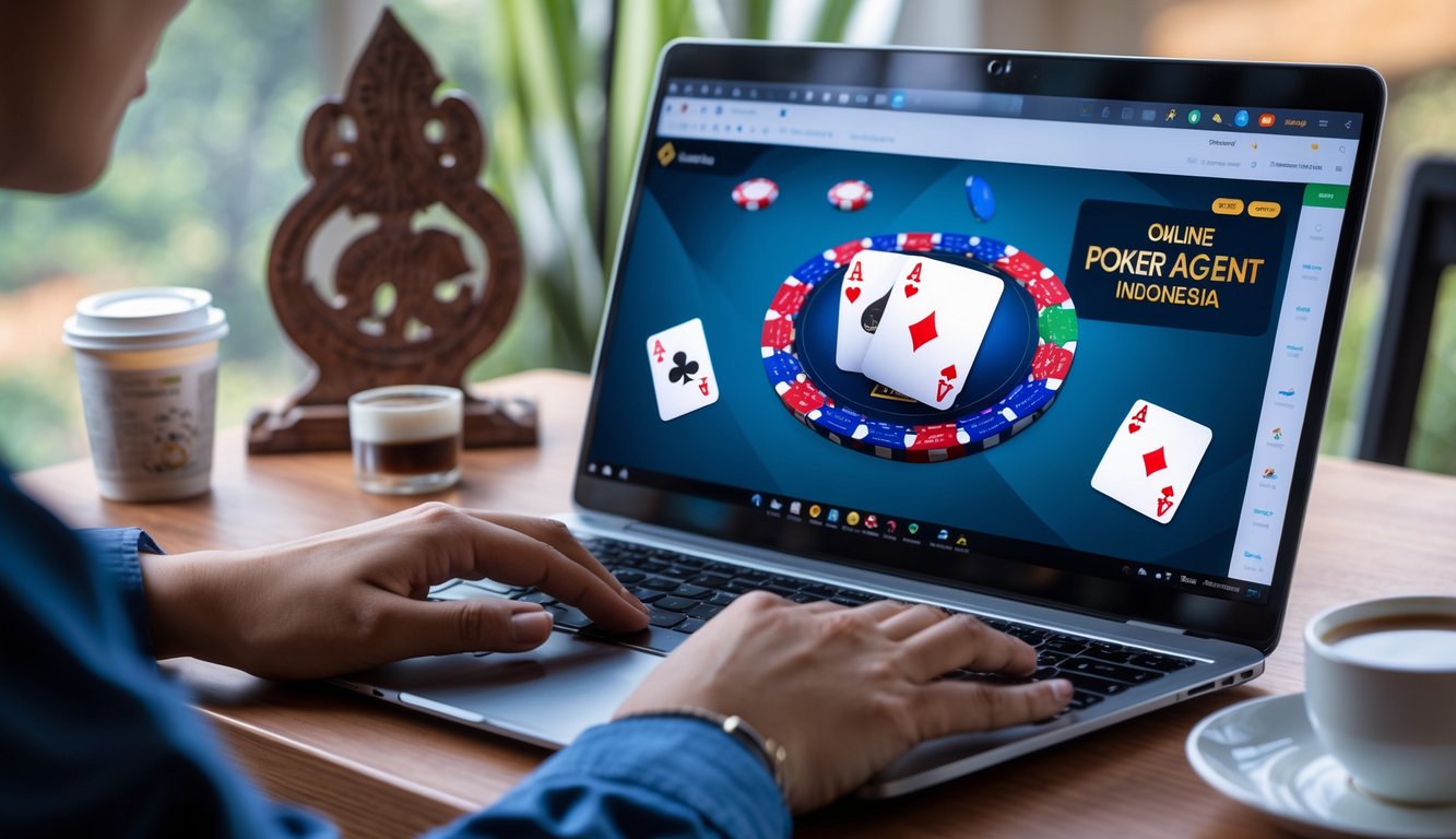 Seorang pria menggunakan laptop dengan permainan poker online di layar, di meja kerja yang rapi dengan elemen budaya Indonesia di latar belakang.