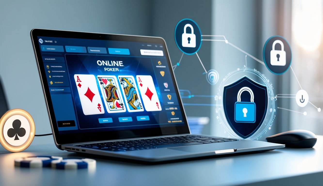 Seorang pemain poker online menggunakan laptop dengan tampilan permainan poker dan simbol keamanan di latar belakang.