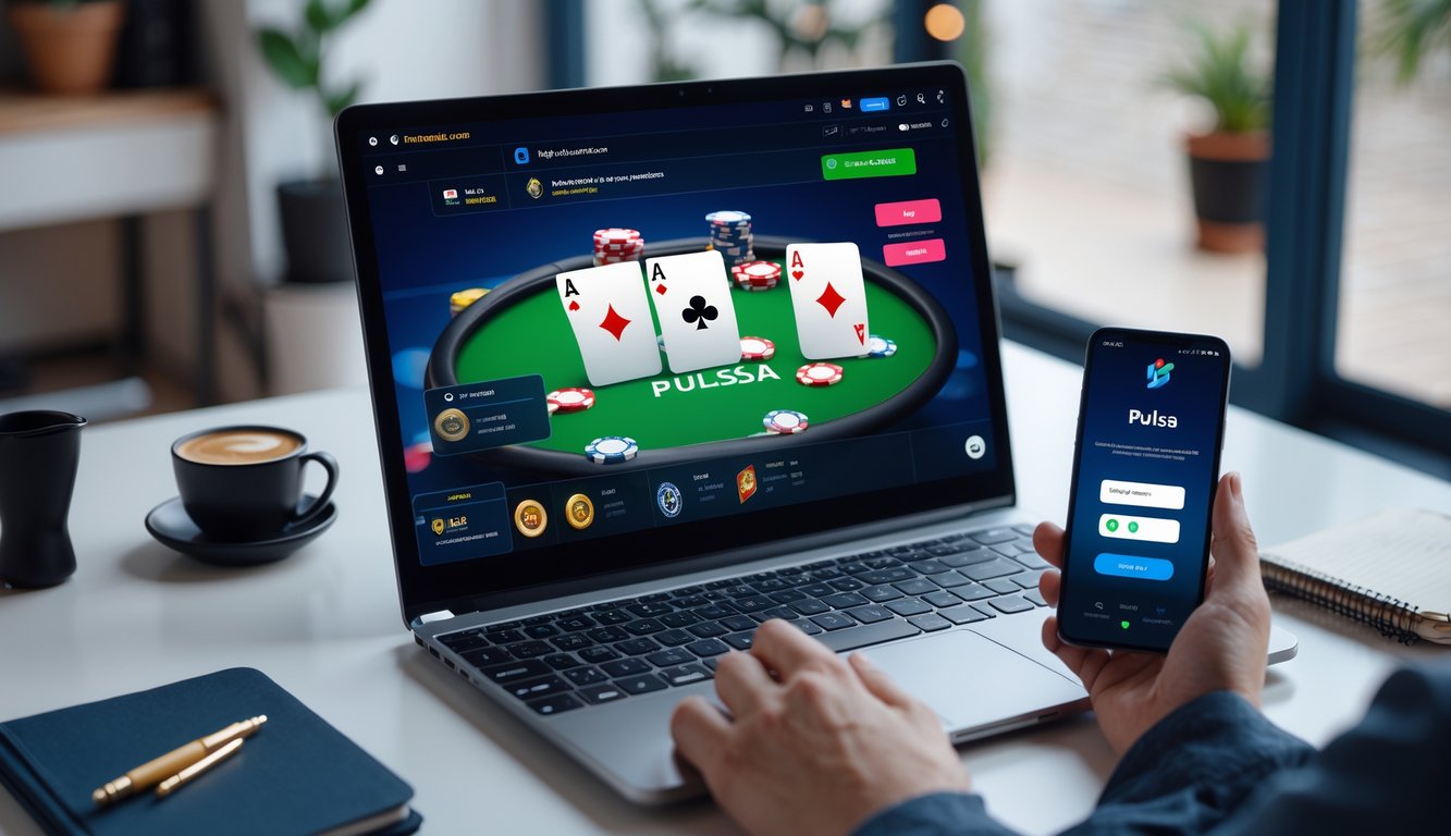 Seorang pengguna sedang melakukan deposit untuk permainan poker online menggunakan pulsa melalui komputer dan ponsel di meja kerja.