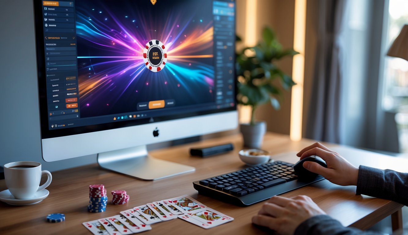 Meja kerja dengan komputer yang menampilkan permainan poker online, chip poker dan kartu di atas meja, tangan seseorang sedang menggunakan mouse.