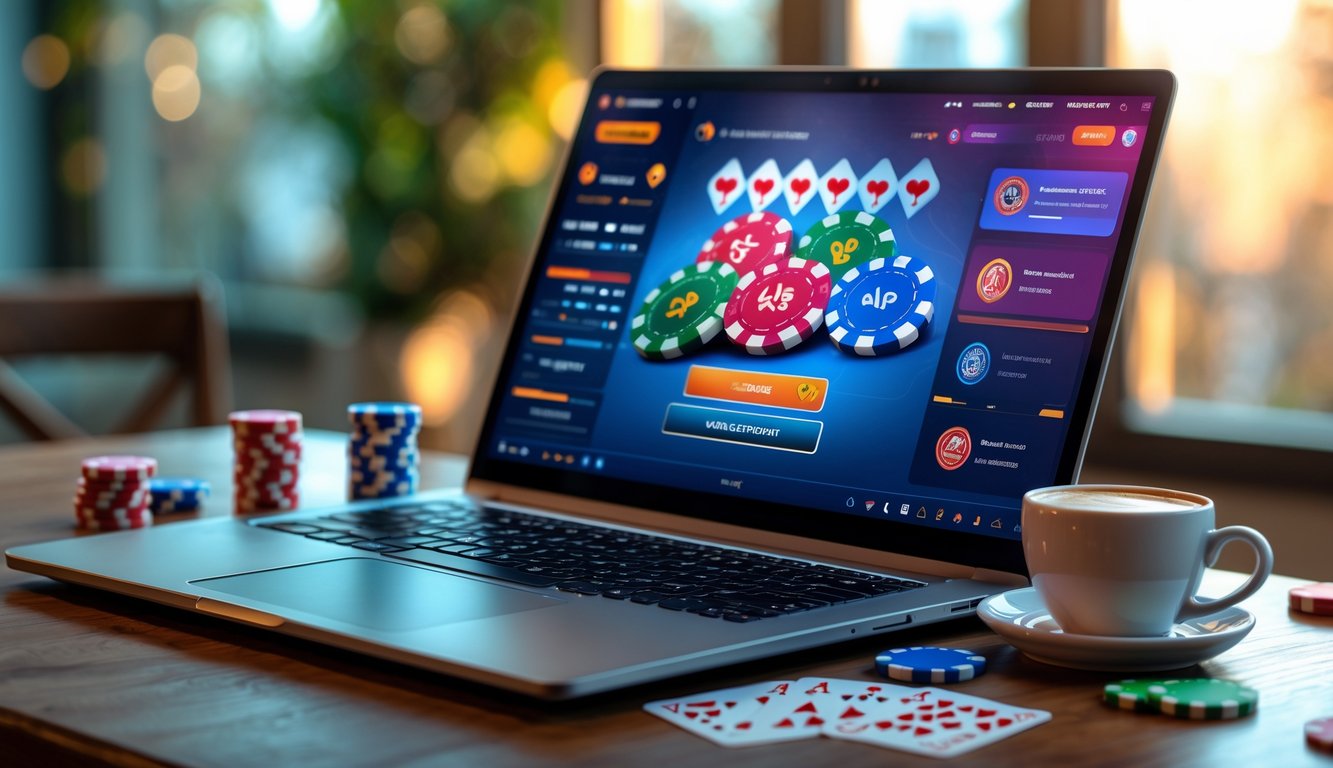 Sebuah laptop dengan permainan poker online yang sedang berjalan, dikelilingi oleh chip poker dan kartu di atas meja kayu.