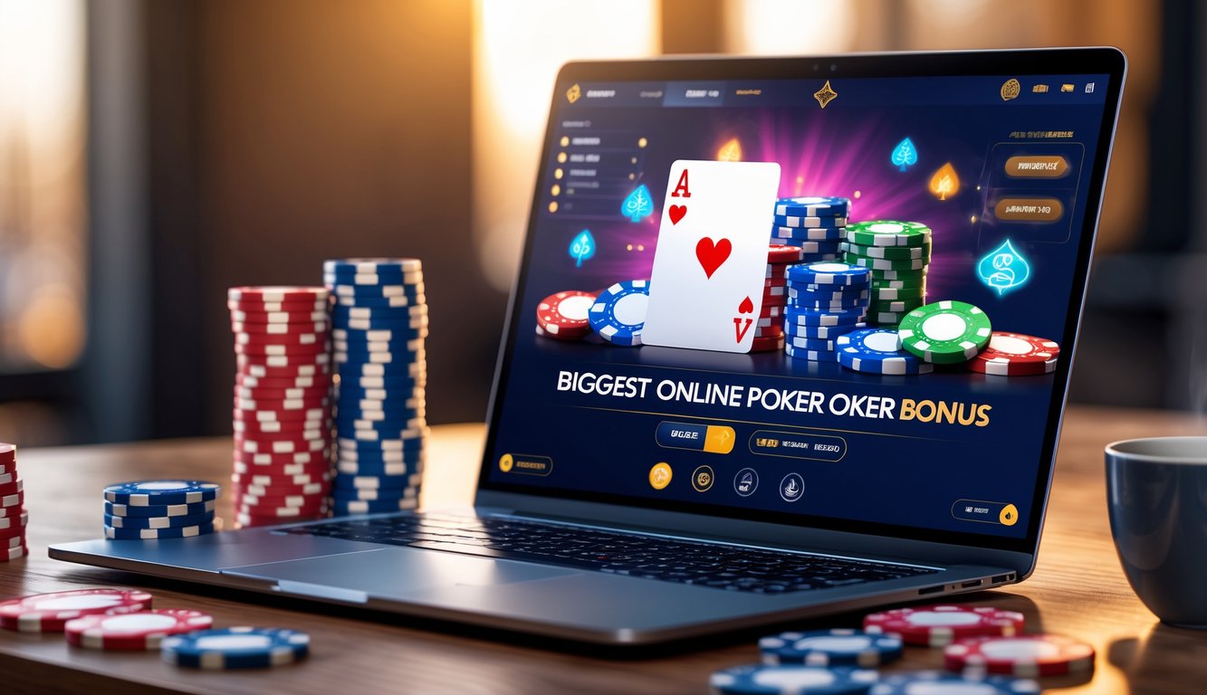 Seorang pemain poker online menggunakan laptop dengan kartu dan chip poker di meja.