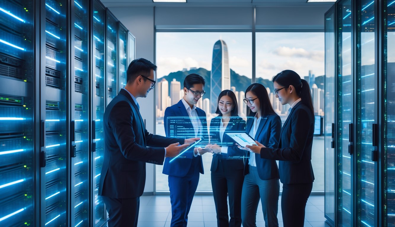 Sejumlah profesional TI bekerja di pusat data modern dengan rak server dan pemandangan kota Hong Kong di latar belakang.