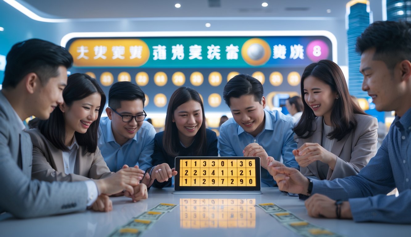 Sekelompok orang memeriksa angka keluaran lotere di papan digital dalam suasana yang modern dan terang.