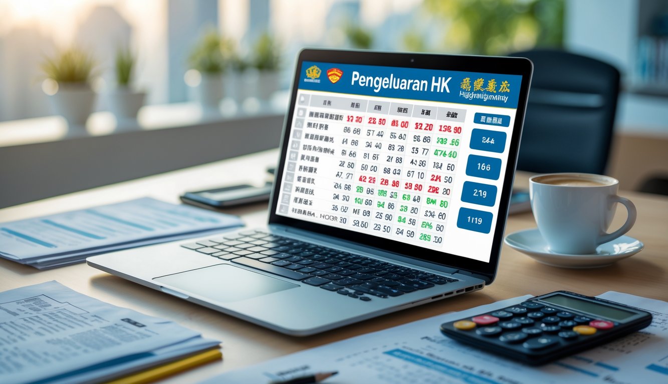 Meja kantor dengan laptop yang menampilkan hasil lotere Hong Kong dan alat tulis di sekitarnya.