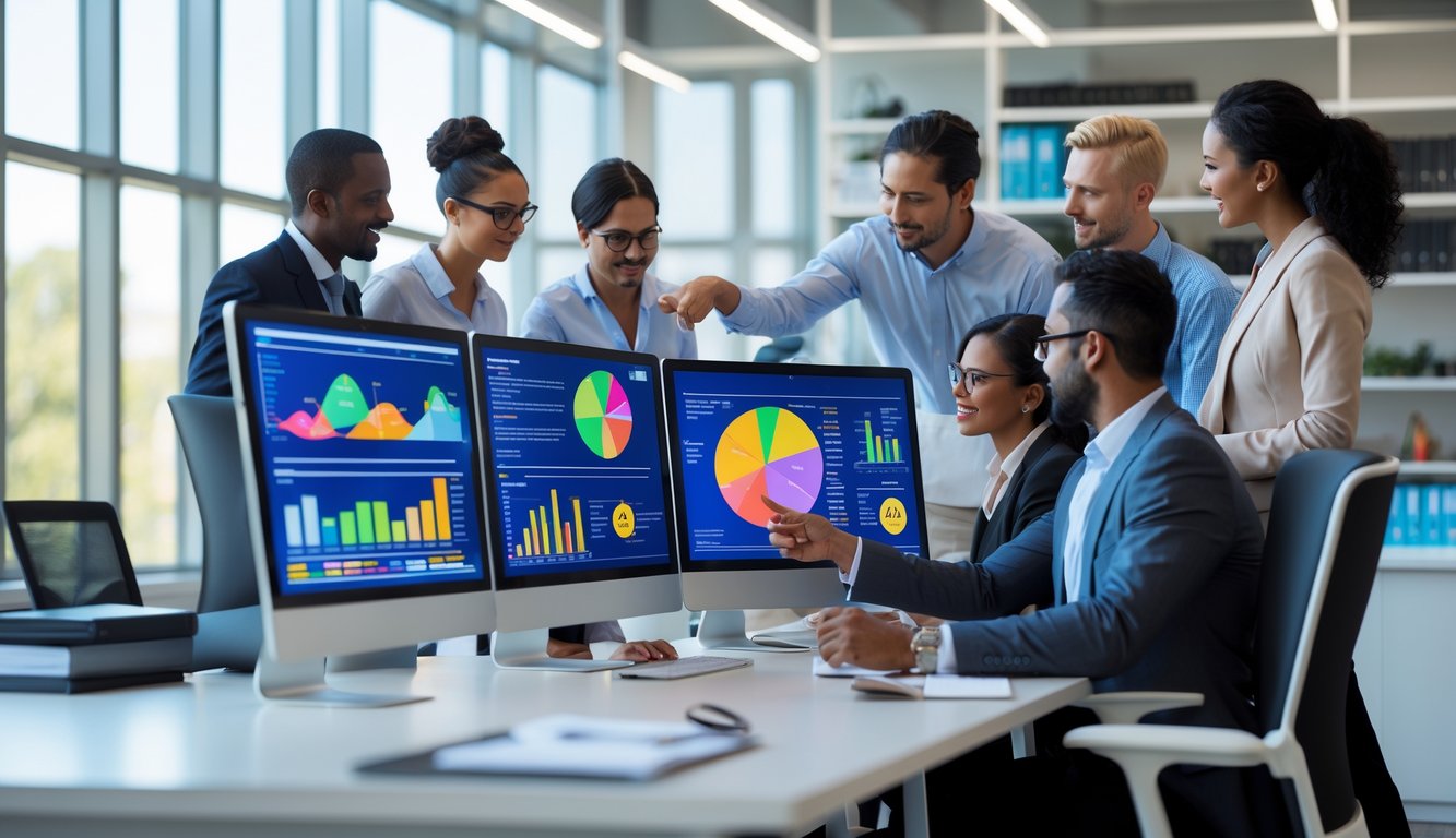 Sekelompok profesional sedang berdiskusi di kantor dengan layar komputer menampilkan grafik statistik.