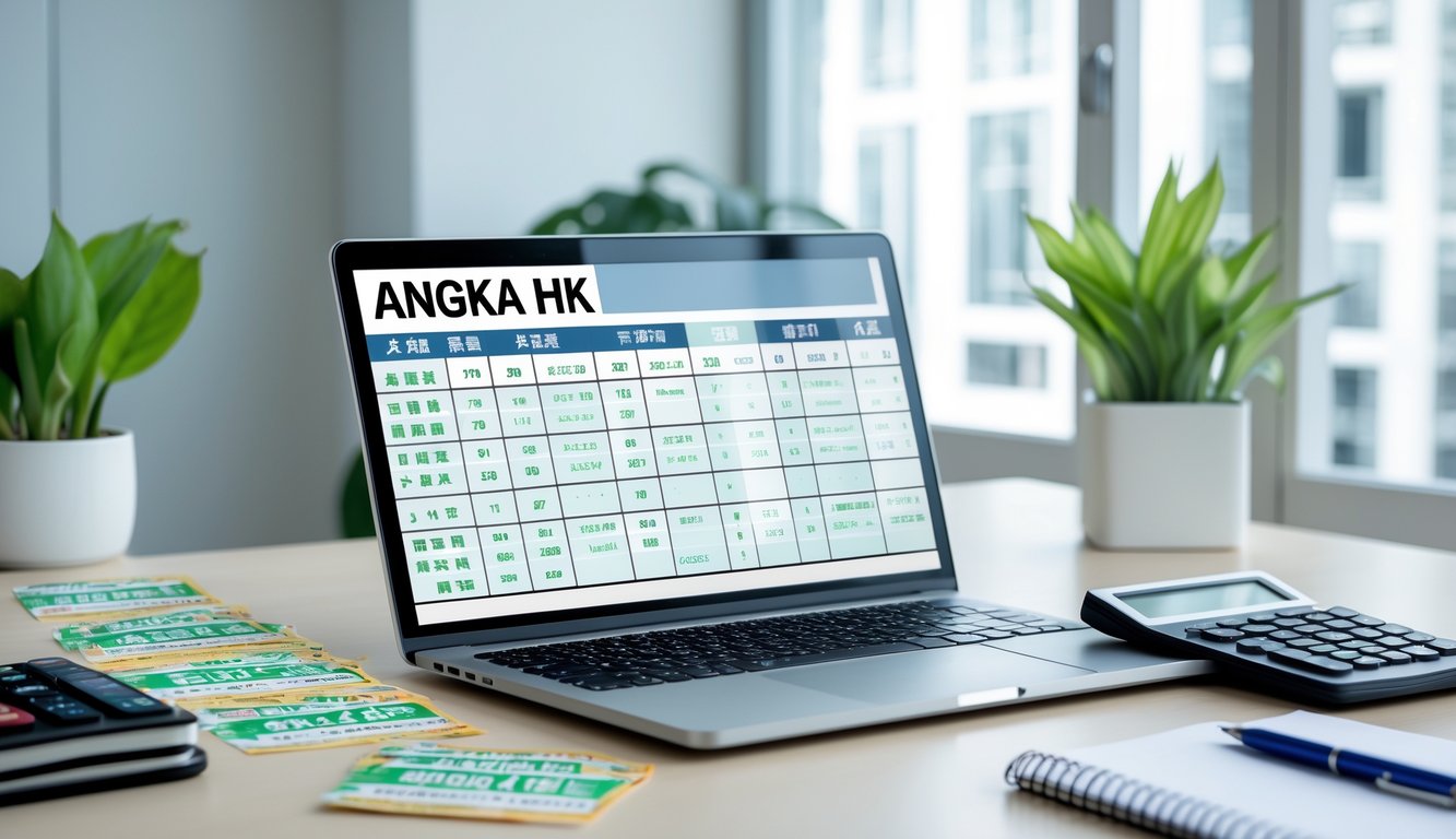 Meja kerja dengan laptop yang menampilkan data angka, tiket lotere, pena, dan kalkulator di sekitarnya.