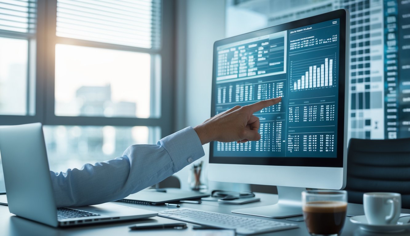 Seorang profesional sedang melihat layar komputer yang menampilkan grafik dan data di ruang kantor yang rapi.