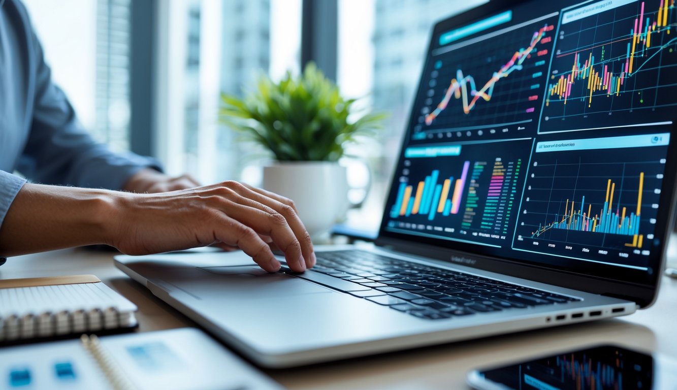 Sebuah ruang kerja modern dengan laptop menampilkan grafik dan tangan seseorang sedang bekerja di depan layar besar yang menunjukkan visualisasi data dan tren.