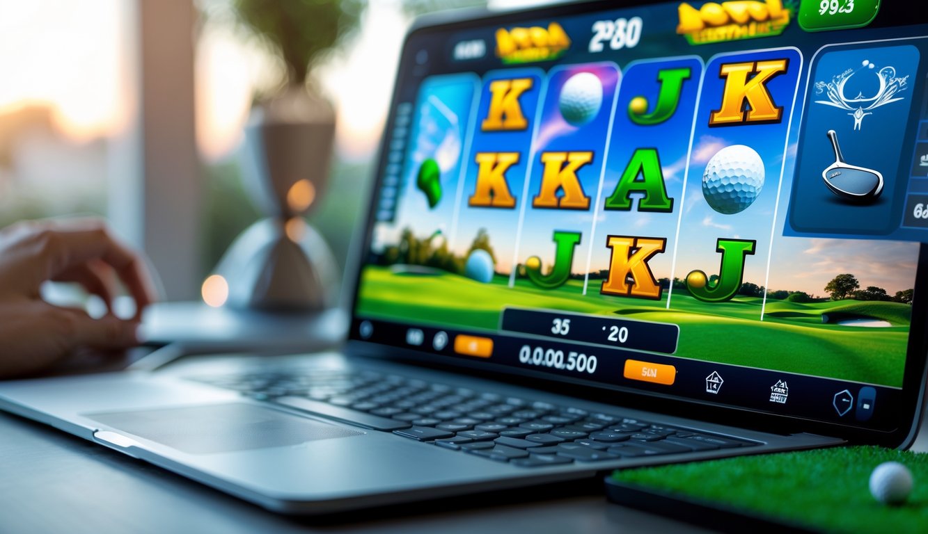 Layar perangkat menampilkan permainan slot online dengan tema golf PGA, menampilkan ikon bola golf, tongkat golf, dan piala.