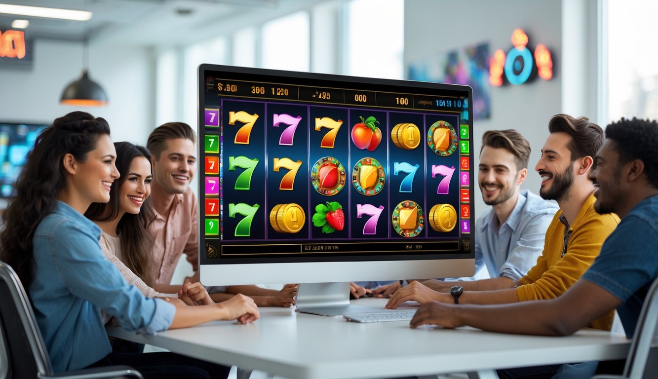 Beberapa orang muda bermain permainan slot online di depan komputer di sebuah kantor yang terang dan rapi.