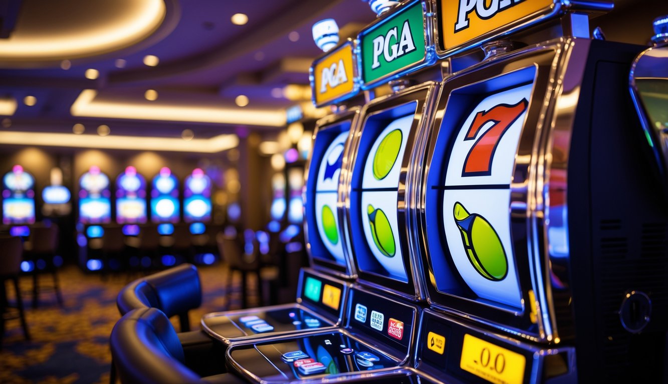 Mesin slot dengan simbol golf seperti bola golf, tongkat golf, dan trofi di dalam kasino yang terang dan elegan.