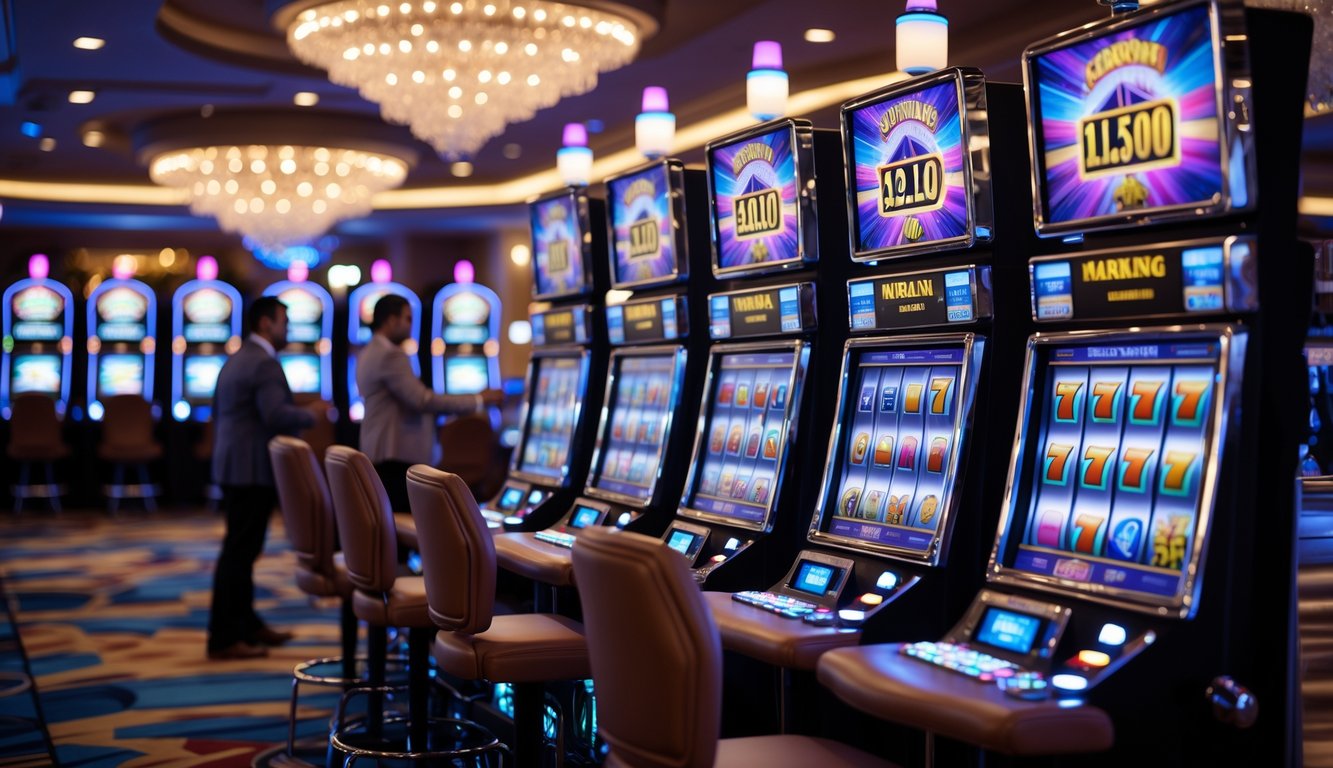 Area mesin slot kasino dengan beberapa mesin slot modern yang menyala dan beberapa pemain sedang bermain dengan latar belakang dekorasi mewah.