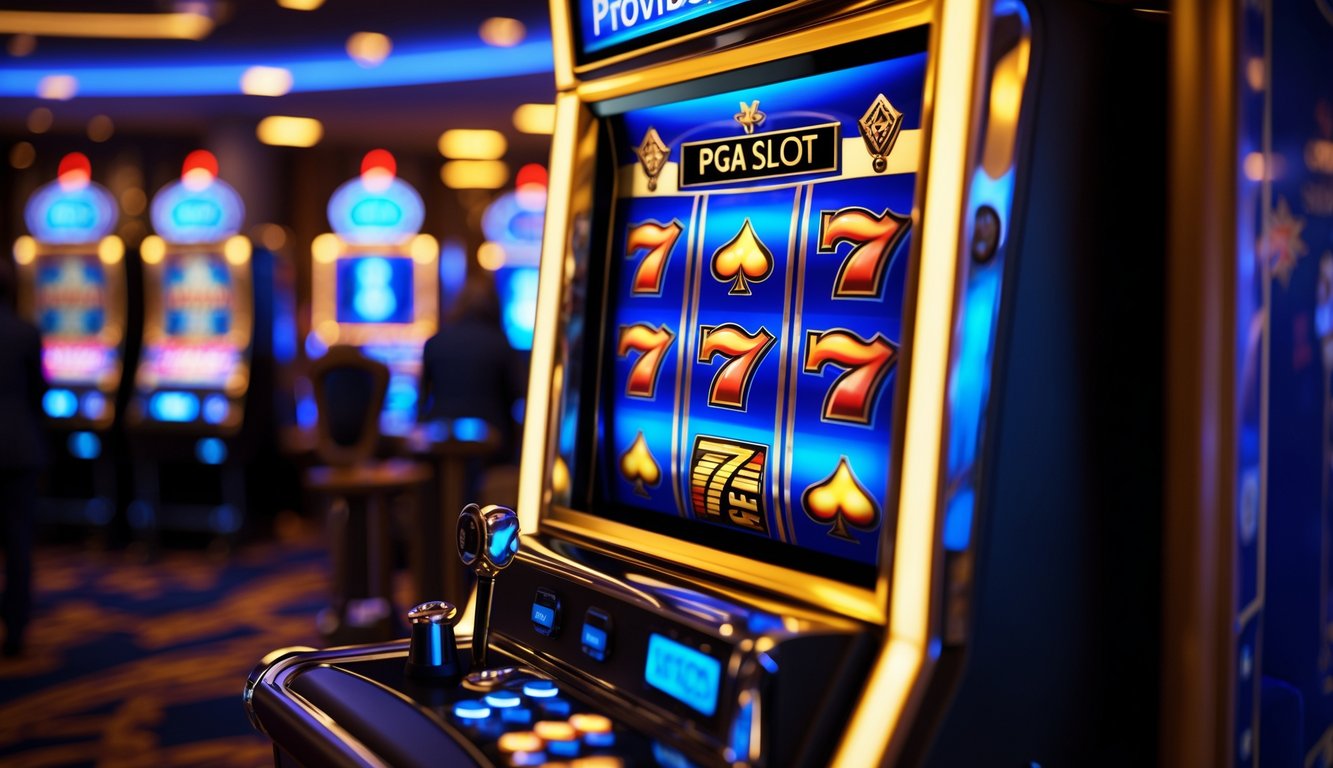 Mesin slot kasino modern dengan lampu LED biru dan emas, menampilkan simbol ceri, angka tujuh, dan batang emas, dengan latar belakang kasino yang samar.