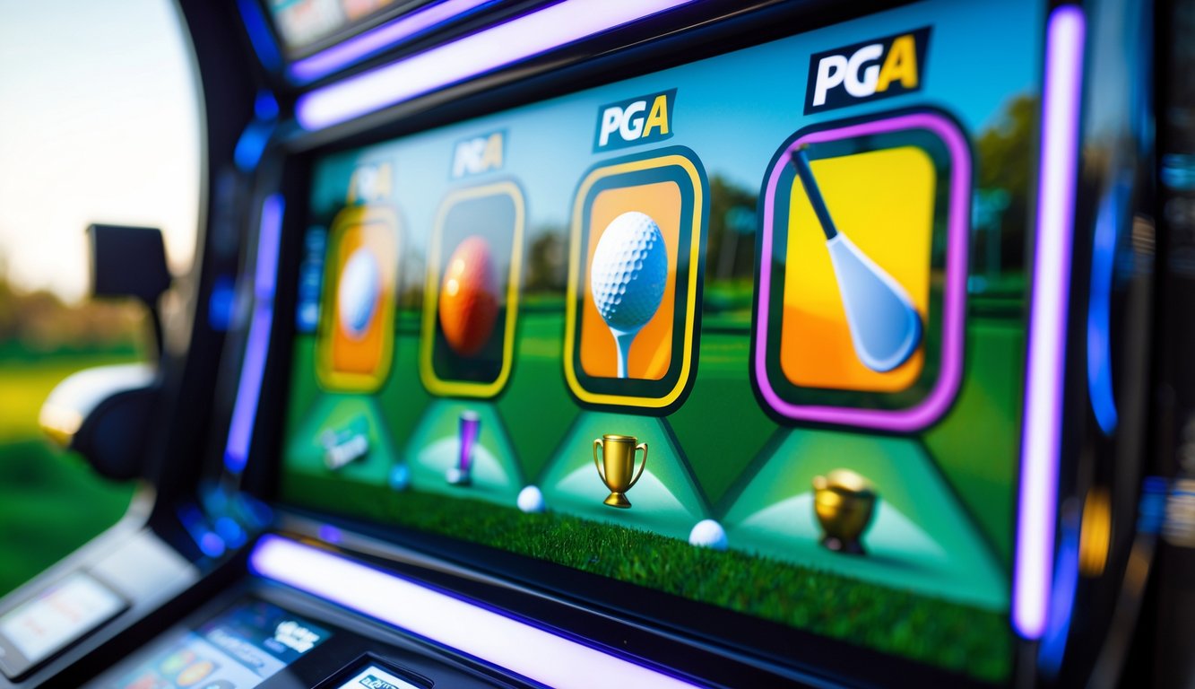 Gambar close-up mesin slot digital dengan ikon golf berwarna-warni seperti bola golf, klub golf, dan trofi.