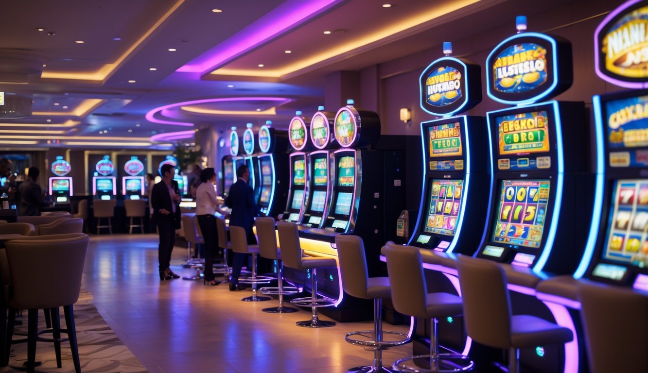 Area mesin slot di kasino modern dengan beberapa orang bermain dan suasana yang cerah dan ramai.