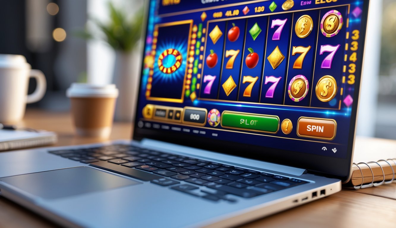 Layar laptop menampilkan permainan slot online dengan grafik berwarna-warni dan simbol gulungan yang berputar.