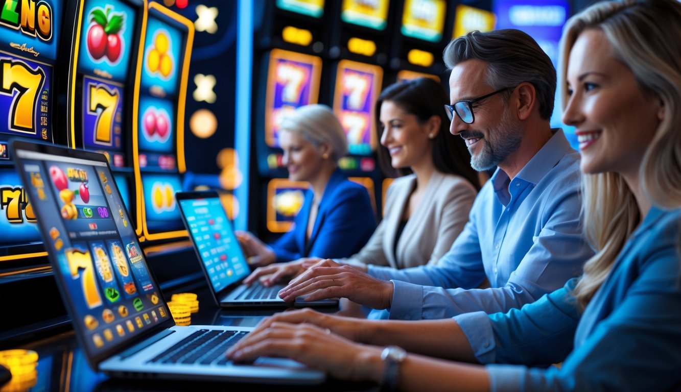 Orang-orang bermain slot online di perangkat digital dalam suasana yang cerah dan modern.