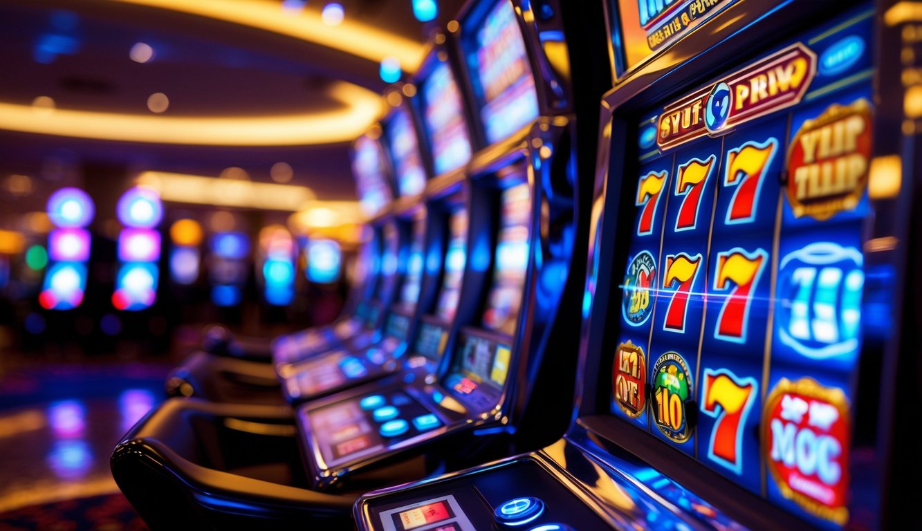 Mesin slot modern dengan simbol warna-warni berputar di dalam kasino yang ramai.