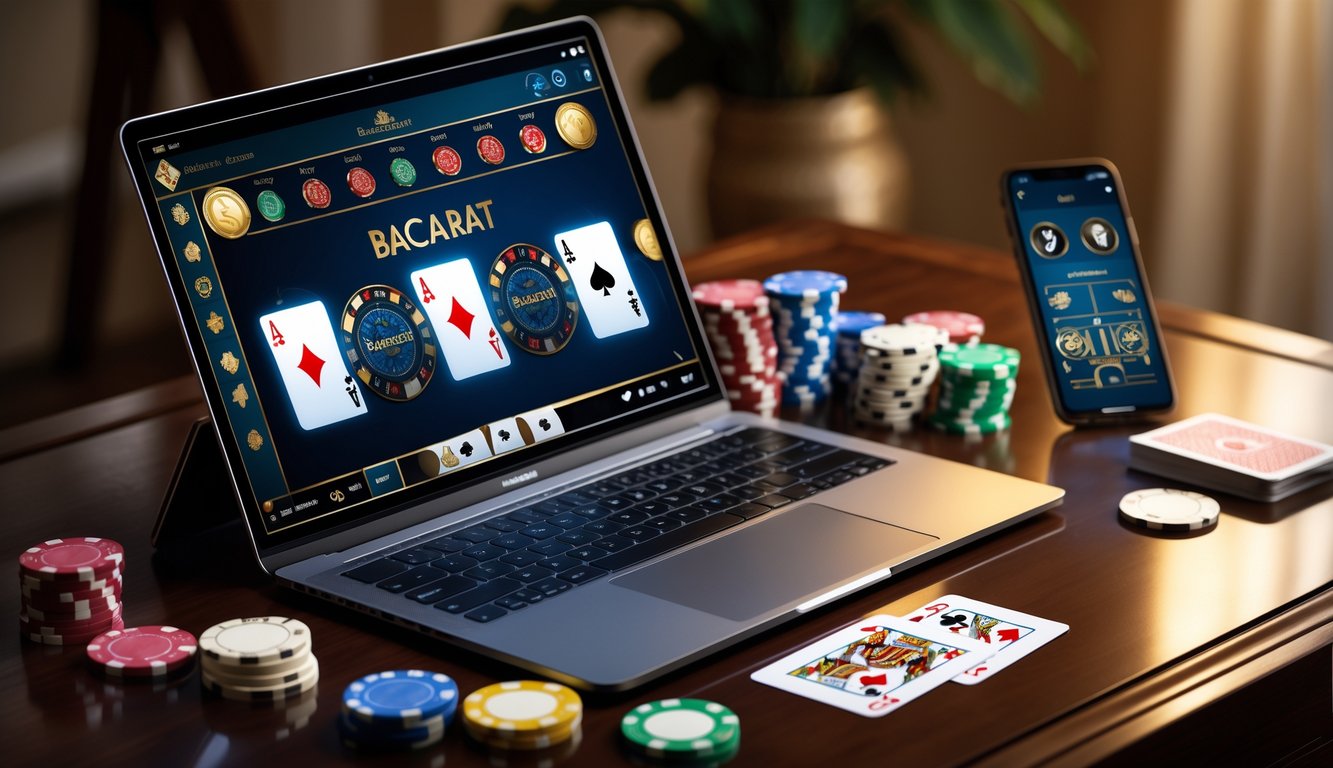 Seorang pemain menggunakan laptop untuk bermain baccarat online dengan chip dan kartu di meja kayu.