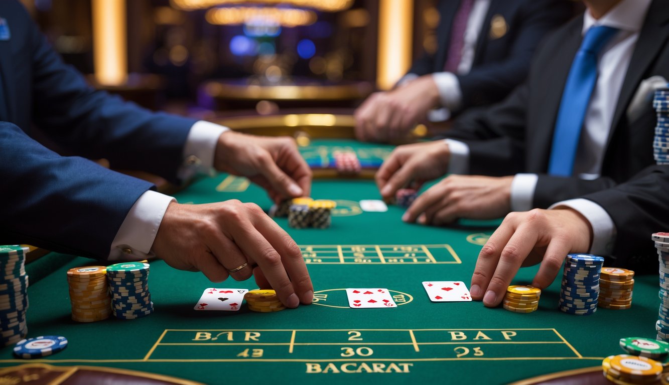 Tangan pemain sedang meletakkan chip taruhan di meja Baccarat dengan kartu terbuka di atas meja kasino.