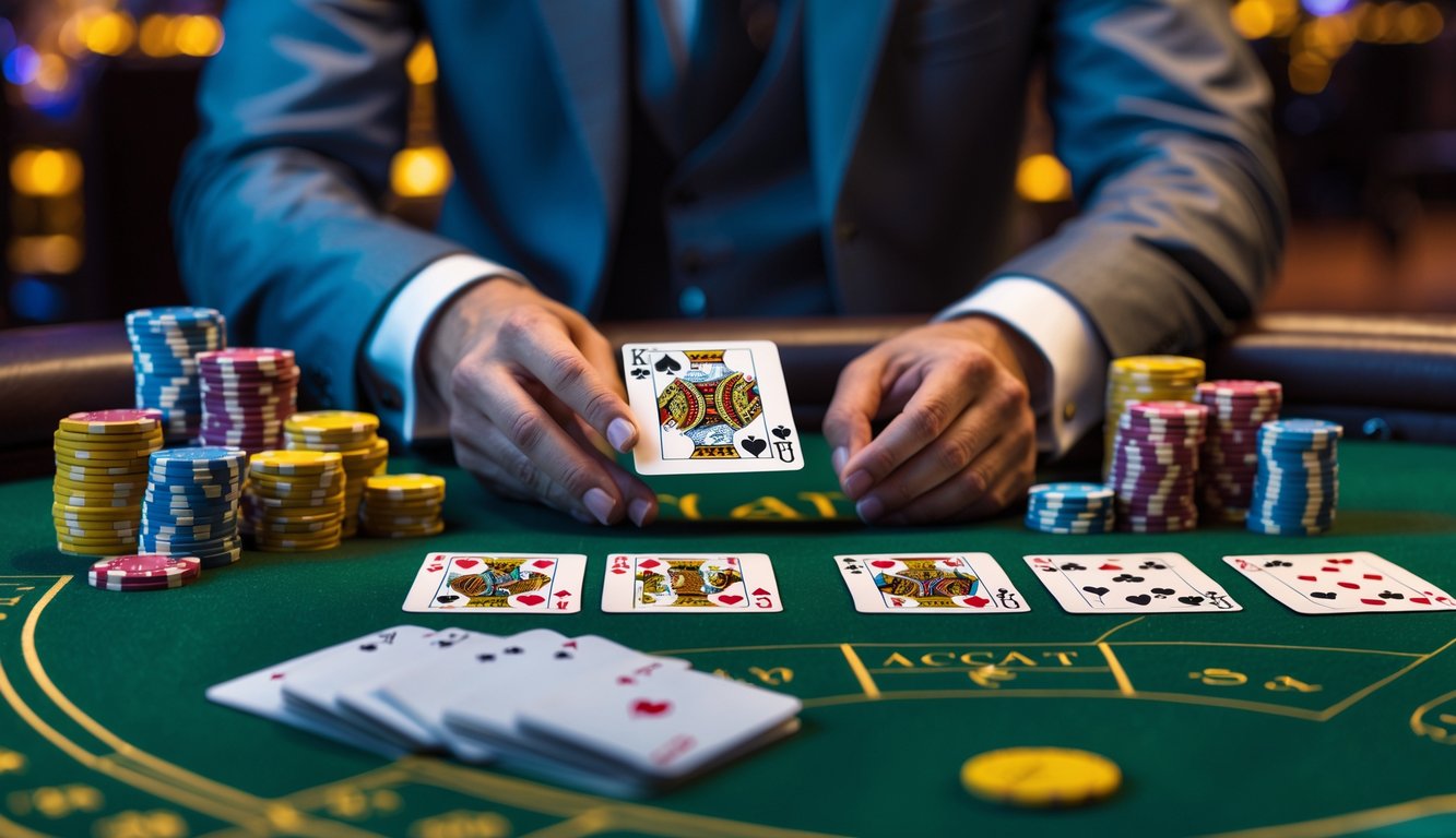 Seseorang yang berpakaian rapi sedang menganalisis kartu dan chip baccarat di meja kasino hijau.