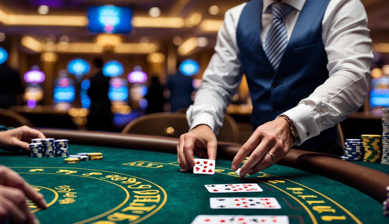 Seorang dealer profesional sedang membagikan kartu di meja baccarat dengan pemain yang memasang taruhan.