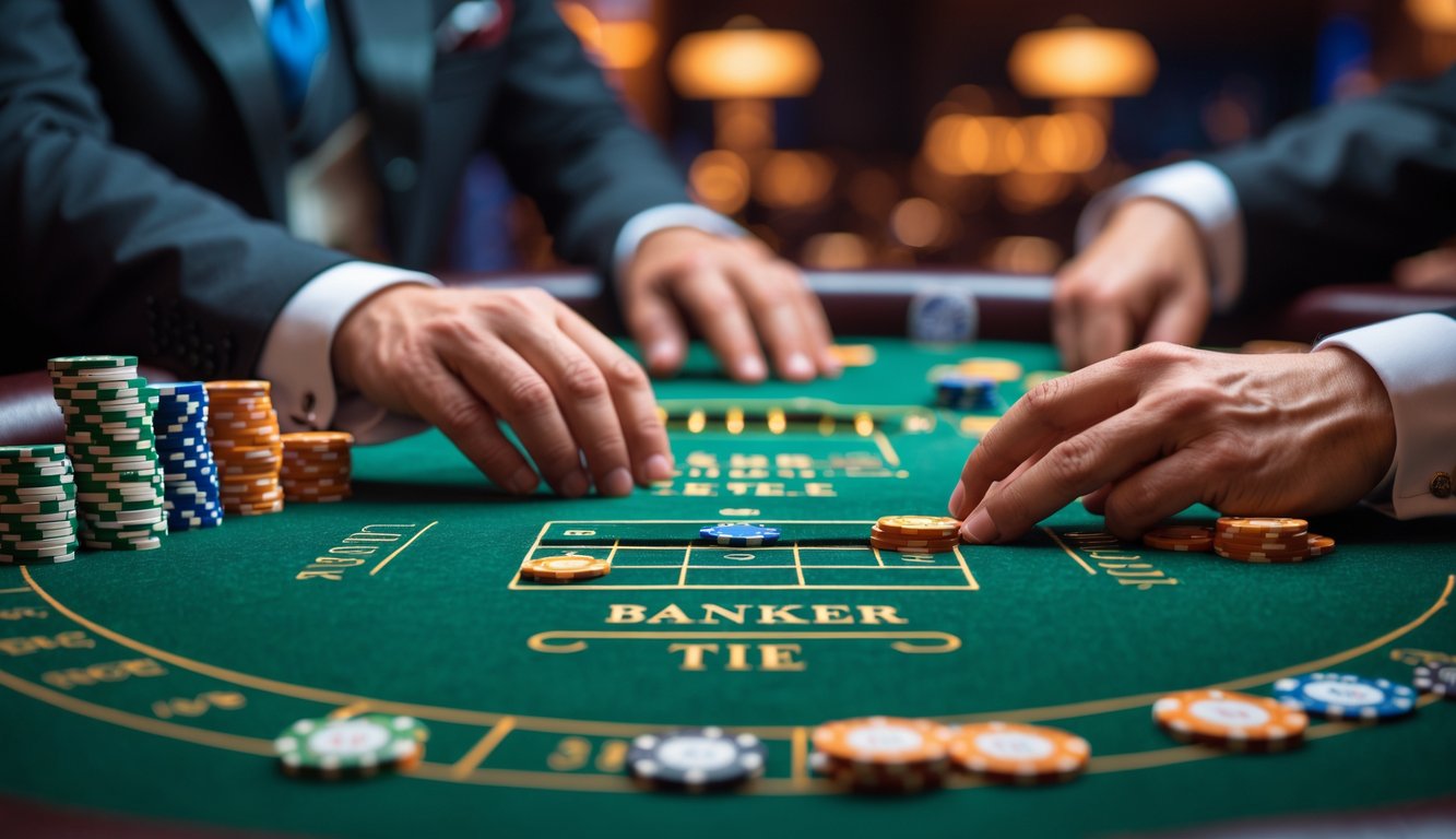 Meja baccarat di kasino dengan chip taruhan berwarna-warni dan tangan pemain yang sedang memasang taruhan.