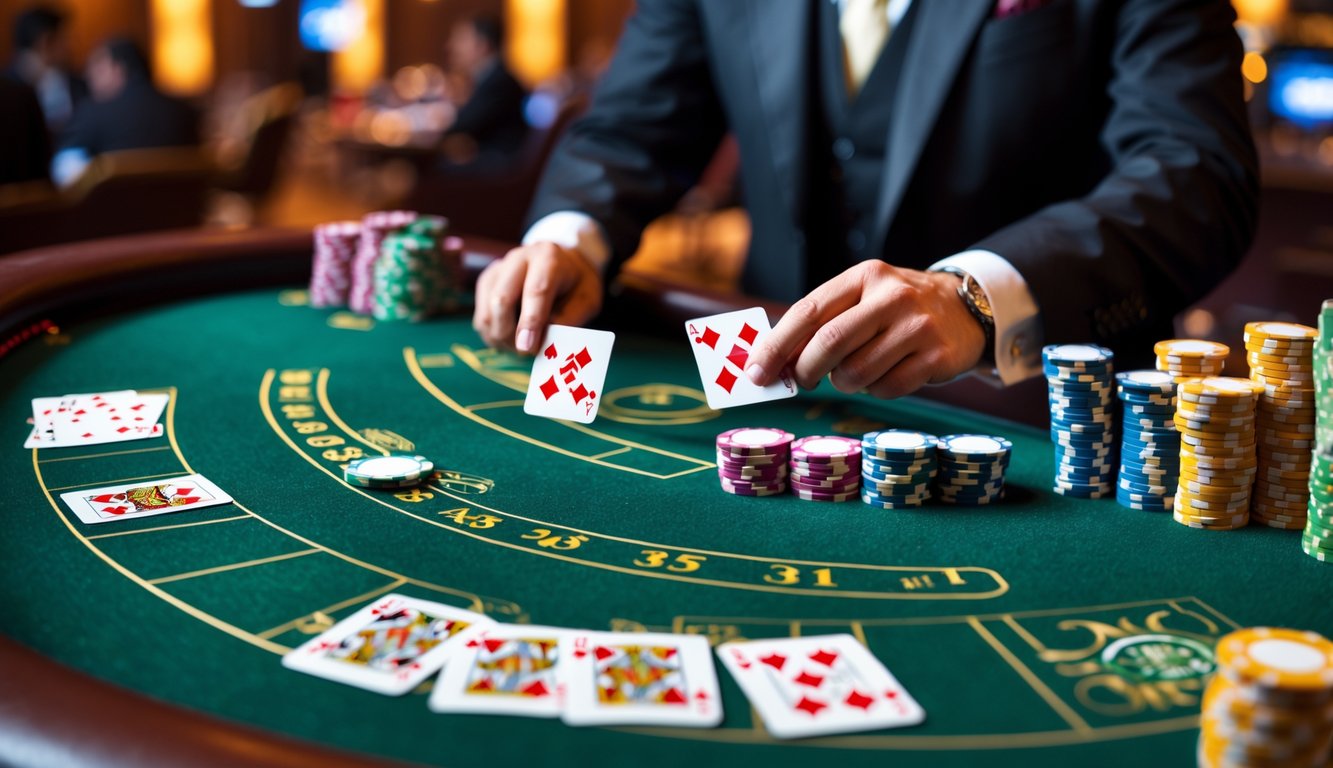 Meja permainan Baccarat dengan kartu dan tumpukan chip kasino, serta tangan dealer yang sedang membagikan kartu.