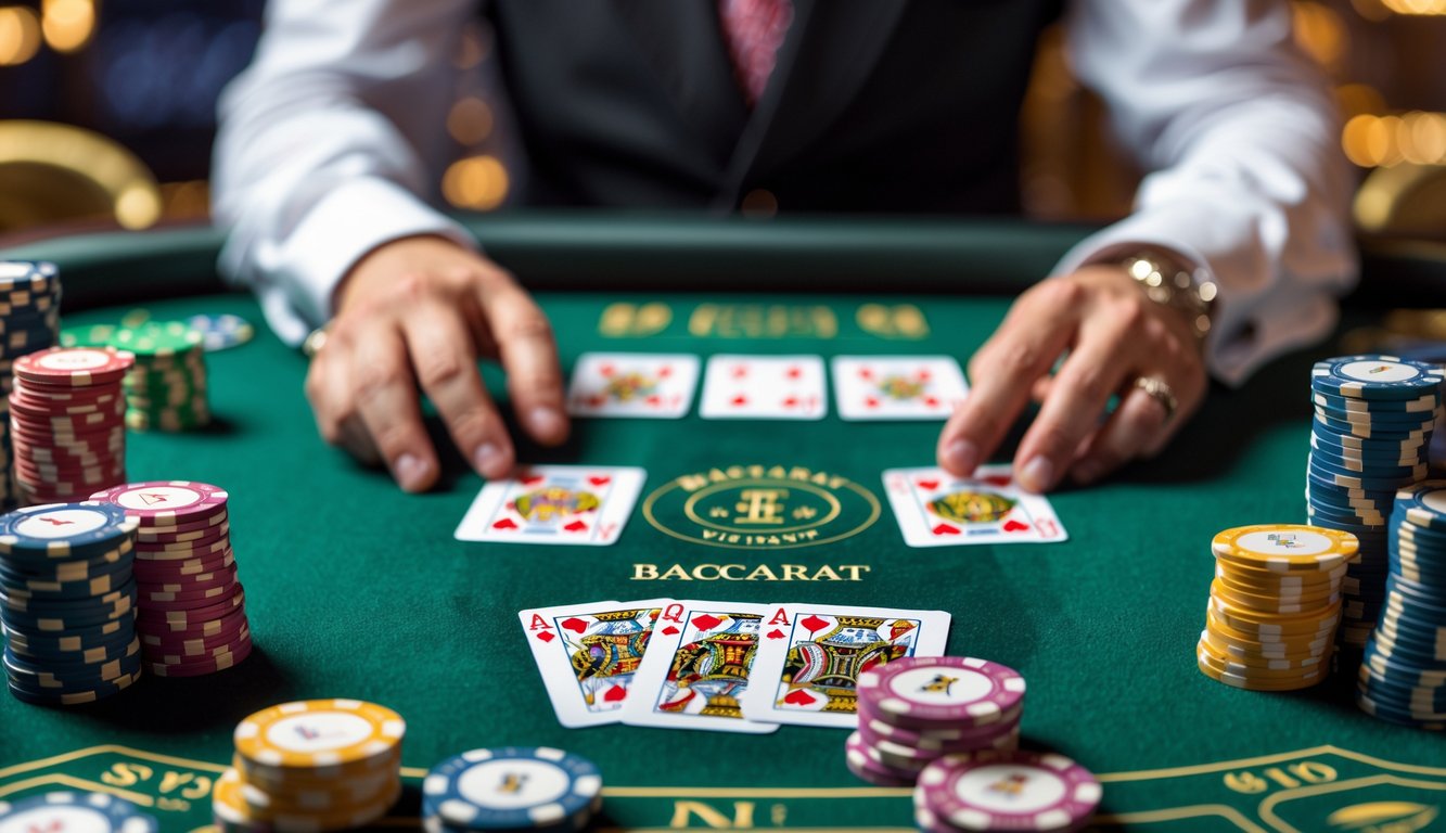 Tangan dealer mengatur kartu baccarat di atas meja hijau dengan tumpukan chip kasino di sekitarnya.