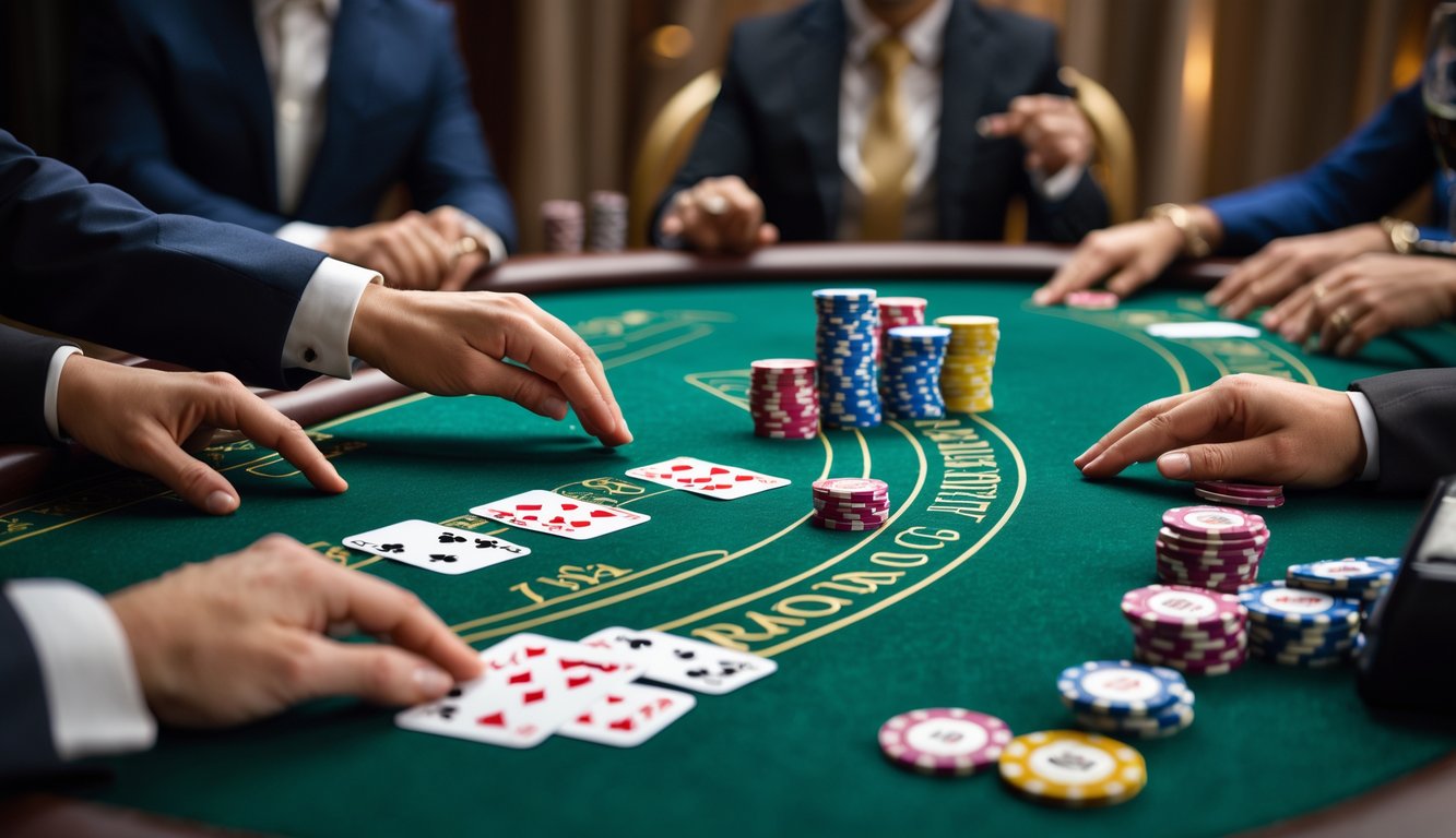 Meja baccarat dengan kartu dan tumpukan chip, tangan dealer sedang membagikan kartu, suasana kasino yang elegan.