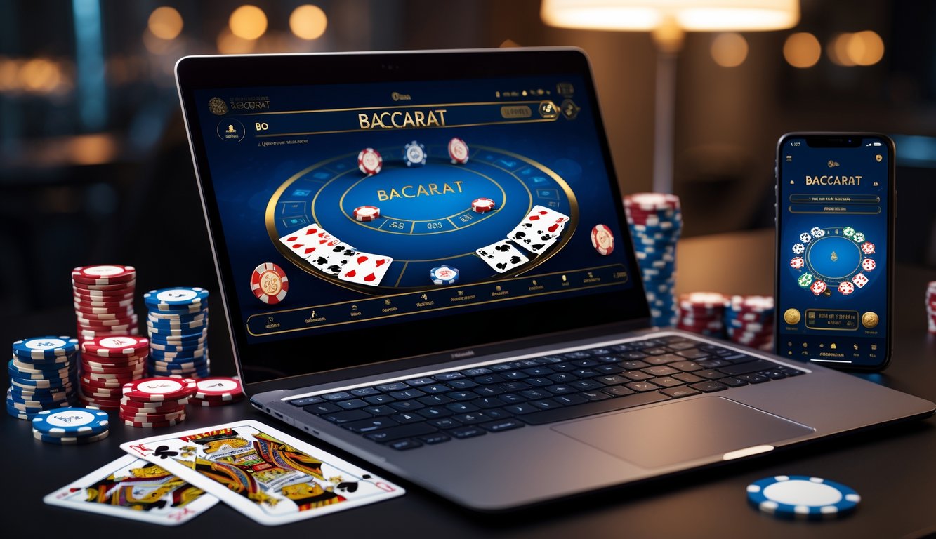 Sebuah laptop dengan permainan baccarat online yang ditampilkan di layar, dikelilingi oleh chip poker dan kartu remi di atas meja.