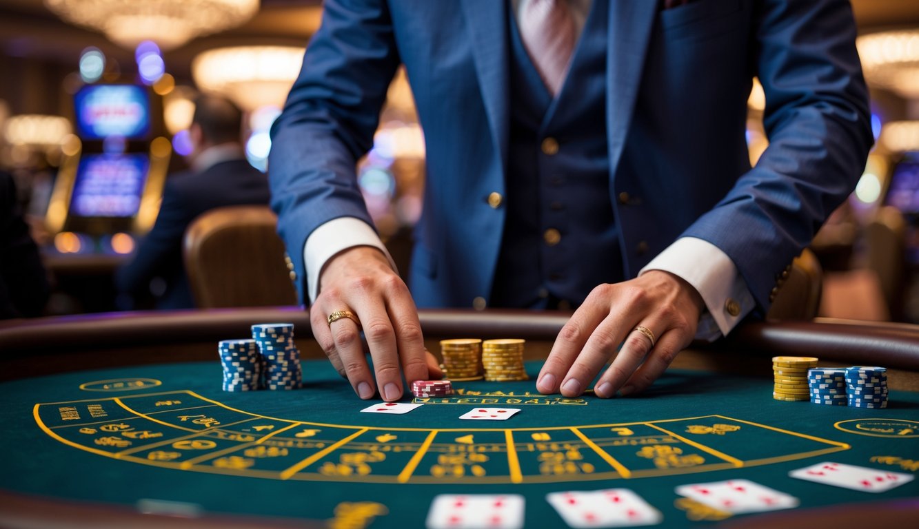 Seseorang bermain baccarat dengan tenang di meja kasino yang elegan.