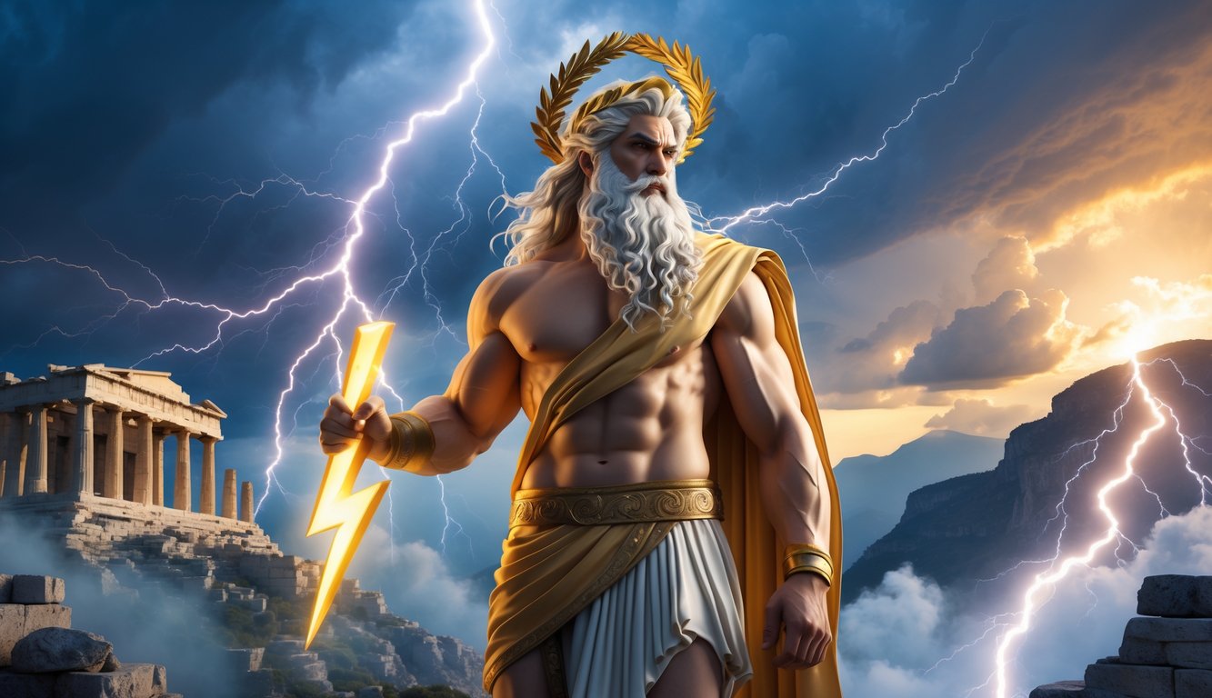Lukisan seorang pria kuat dengan janggut putih memegang petir di depan reruntuhan kuil Yunani kuno di atas gunung.