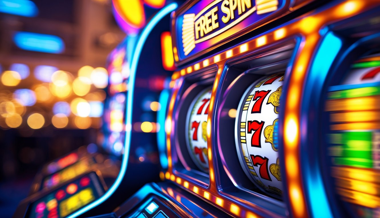 Mesin slot modern dengan gulungan berwarna-warni yang sedang berputar cepat, menampilkan simbol klasik seperti ceri, angka tujuh, dan bar.