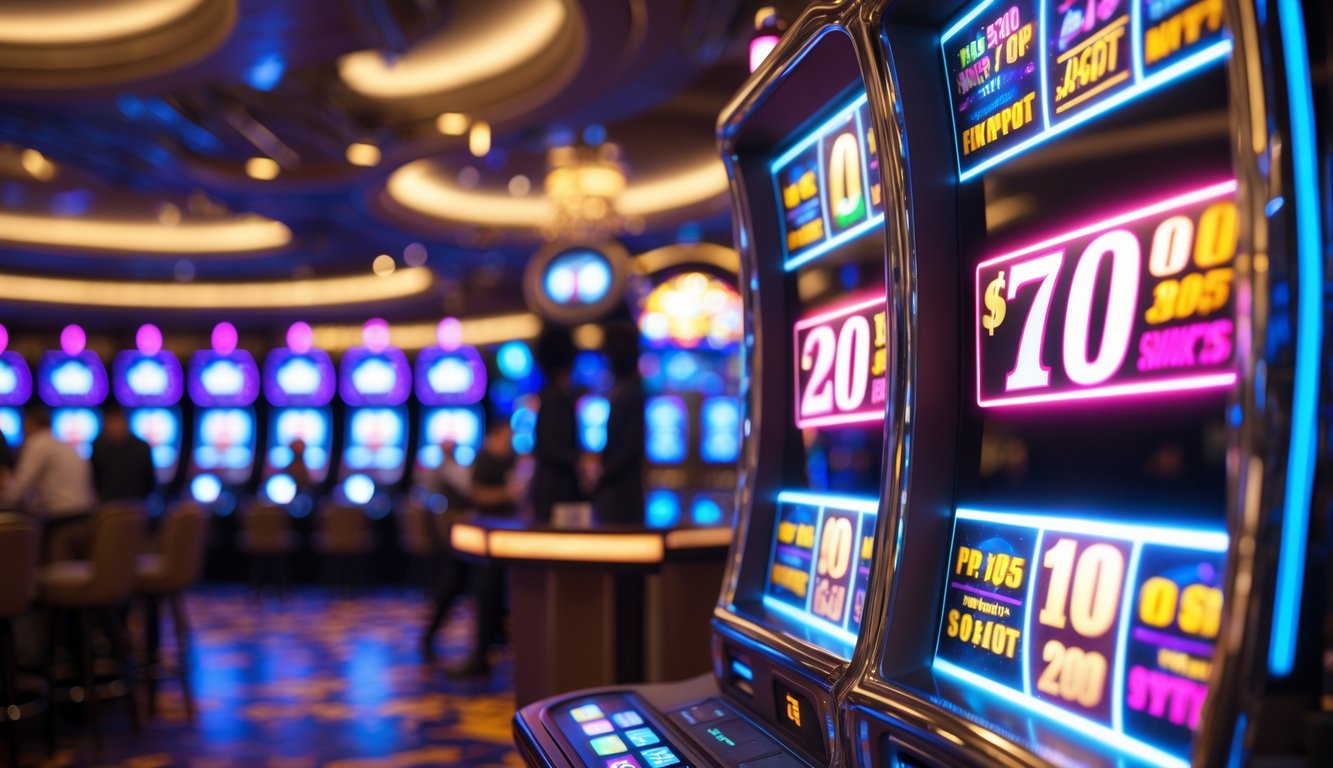Suasana kasino modern dengan mesin slot yang menyala dan lampu warna-warni yang menunjukkan kemenangan jackpot yang meningkat.