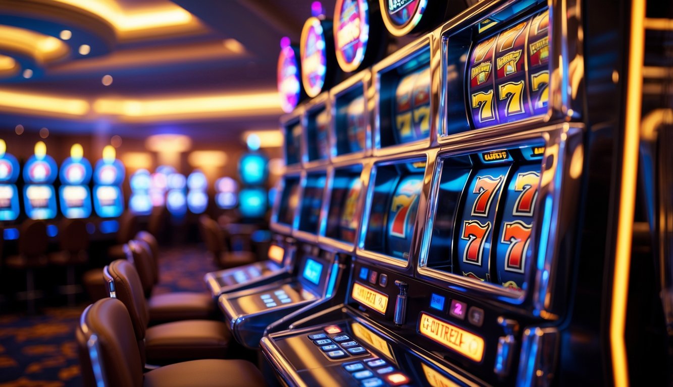 Mesin slot modern yang menyala dengan latar belakang kasino yang kabur.