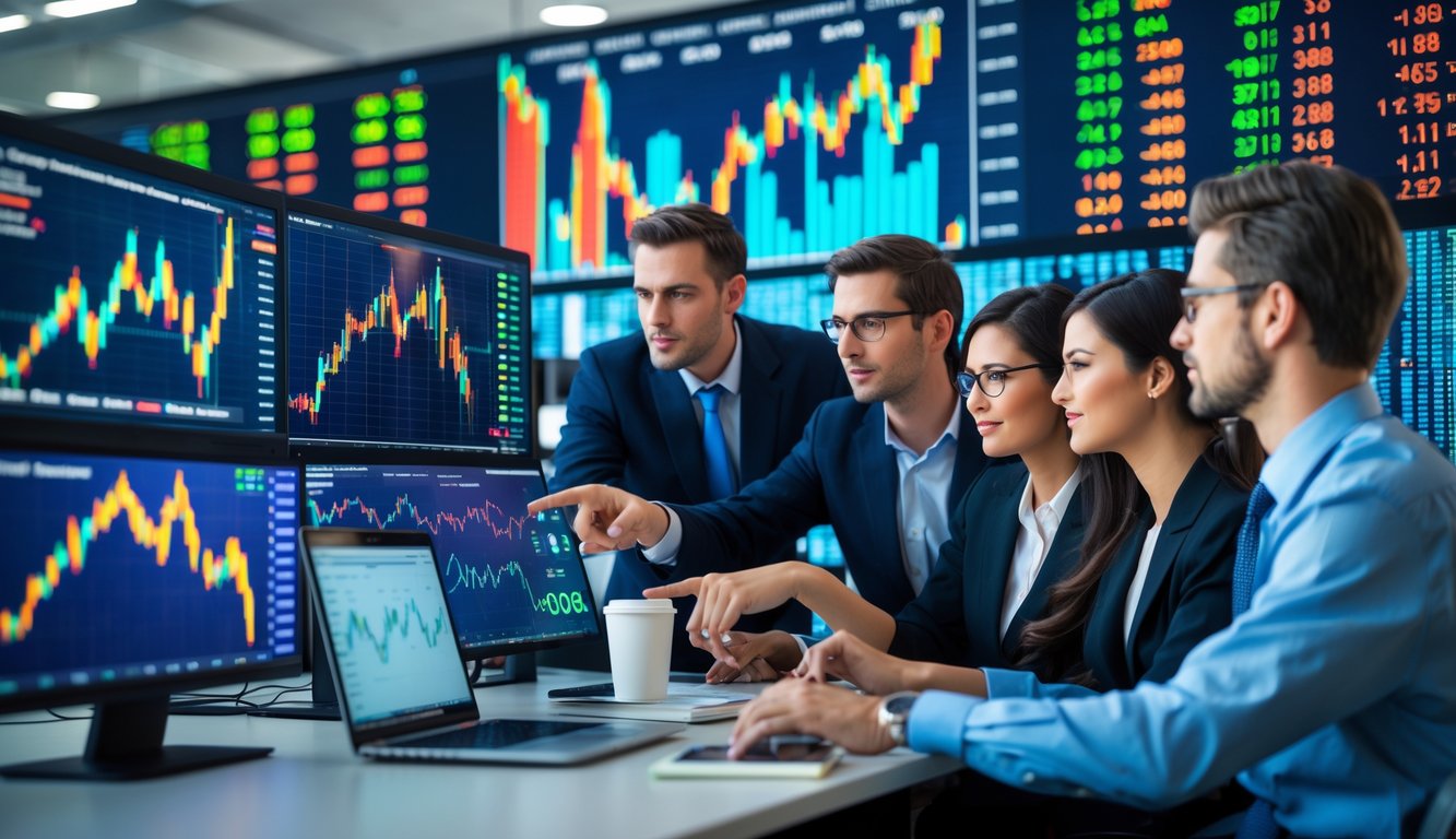 Sejumlah analis keuangan sedang memantau grafik pasar saham yang berubah-ubah di sebuah kantor modern.