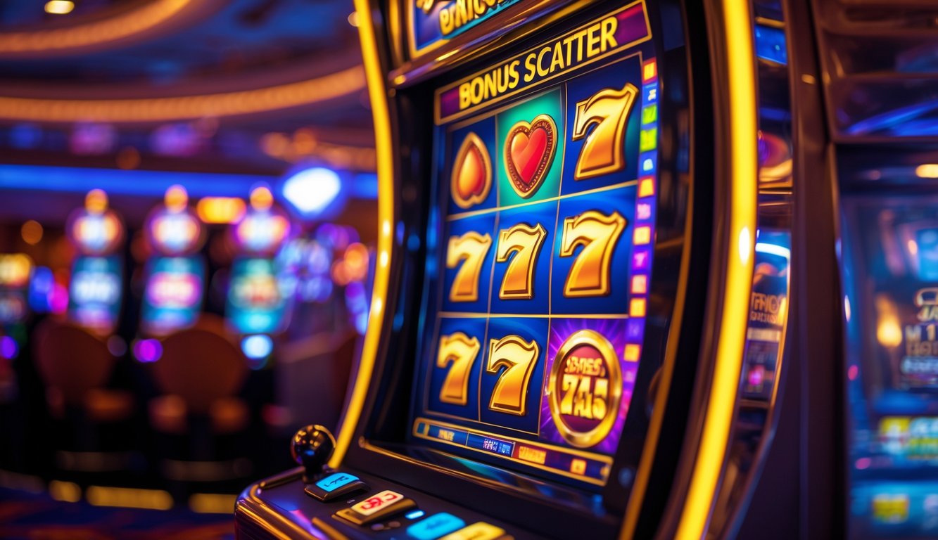 Gambar dekat layar mesin slot yang menampilkan simbol scatter bonus dengan cahaya warna-warni di latar kasino.