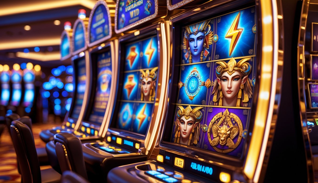 Mesin slot dengan tema dewa kuno di dalam kasino dengan pencahayaan hangat.