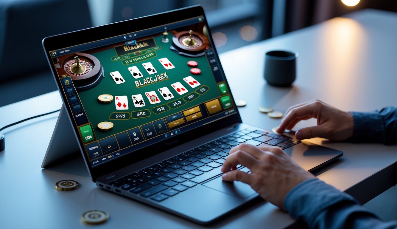 Seorang pemain sedang bermain blackjack online di laptop dengan meja blackjack dan chip terlihat di layar.