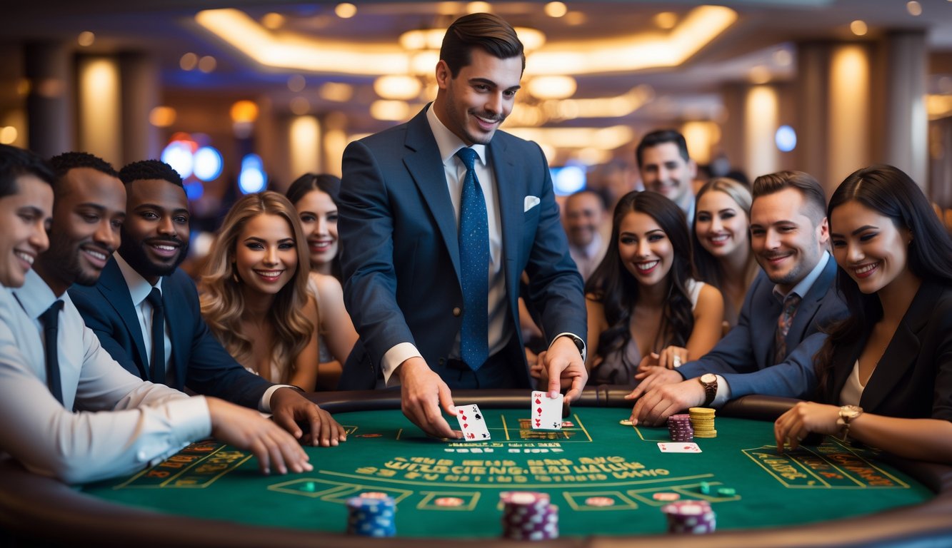 Meja blackjack dengan dealer dan beberapa pemain yang sedang bermain kartu di kasino.