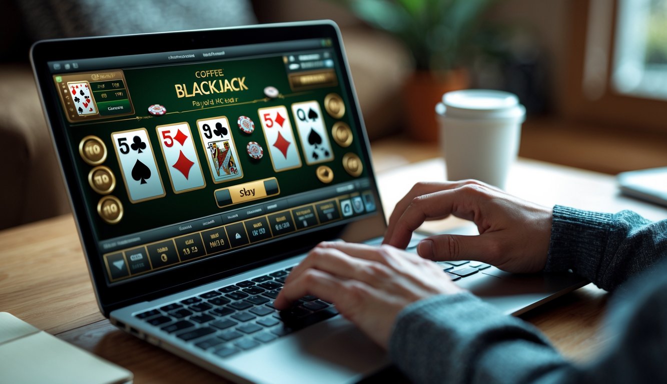 Seseorang sedang bermain blackjack online menggunakan laptop di sebuah ruangan yang nyaman.