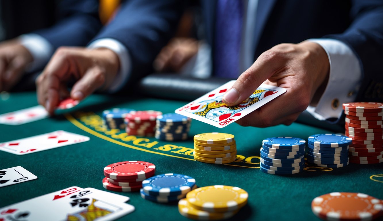 Meja blackjack dengan kartu, chip poker berwarna, dan uang asli di kasino.