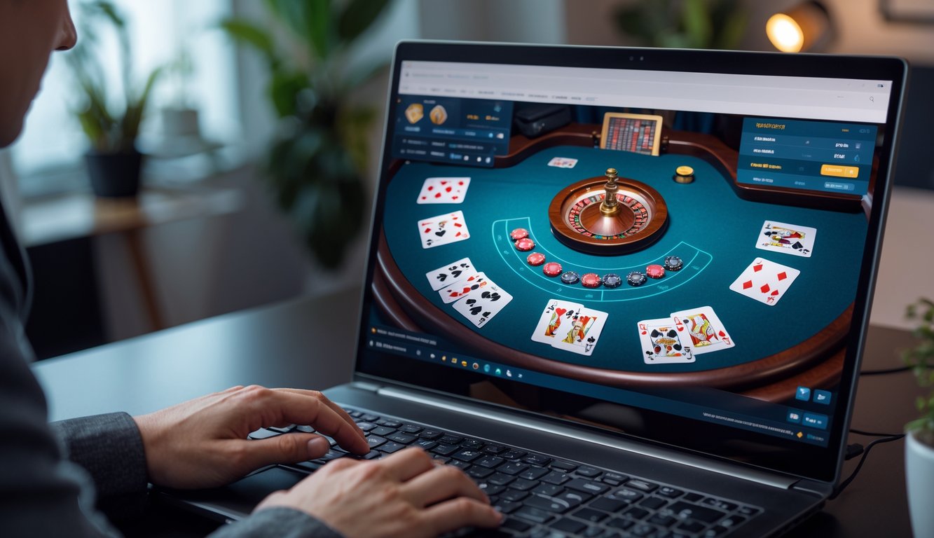 Seseorang bermain permainan blackjack online di depan komputer di ruang kerja yang rapi.