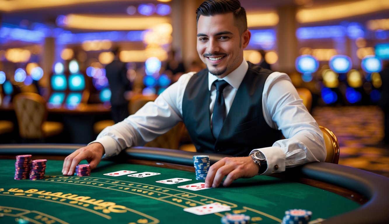 Seorang dealer blackjack langsung sedang membagikan kartu di meja kasino dengan tumpukan chip dan kartu di atas meja.